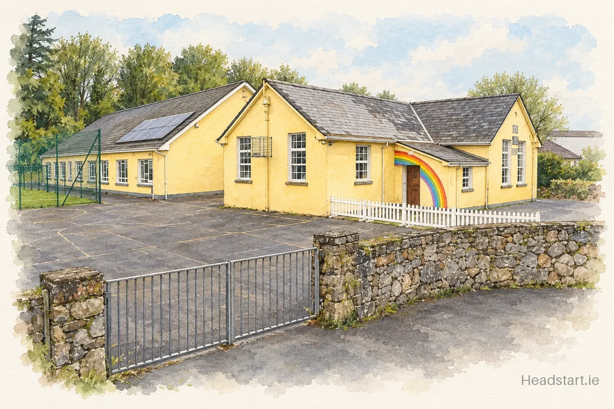 Watercolour illustration of the Scoil Cholmáin Tuairíní building, Galway