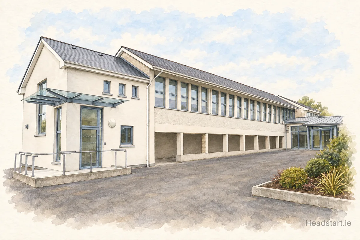 Watercolour illustration of the Scoil Mhuire building, Lucan
