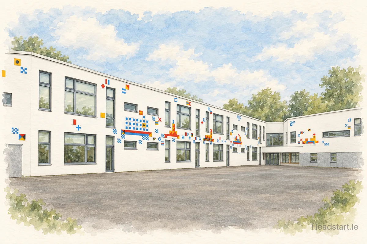 Watercolour illustration of the Bunscoil Rinn An Chabhlaigh building, Cobh