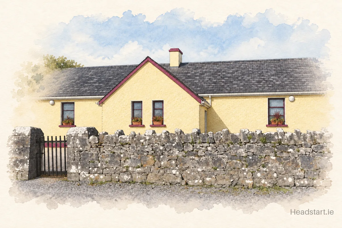 Watercolour illustration of the Cloonfour National School building, Rooskey
