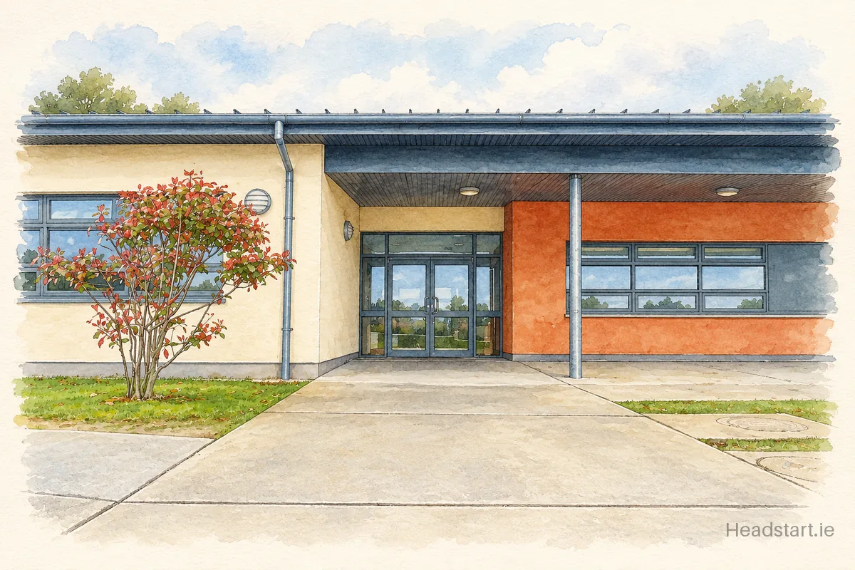 Watercolour illustration of the St Andrews National School building, Bray