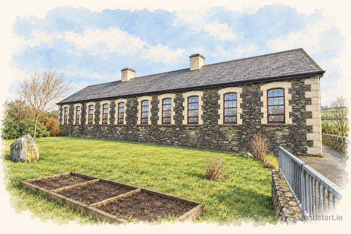 Watercolour illustration of the Castletownshend National School building, Skibbereen