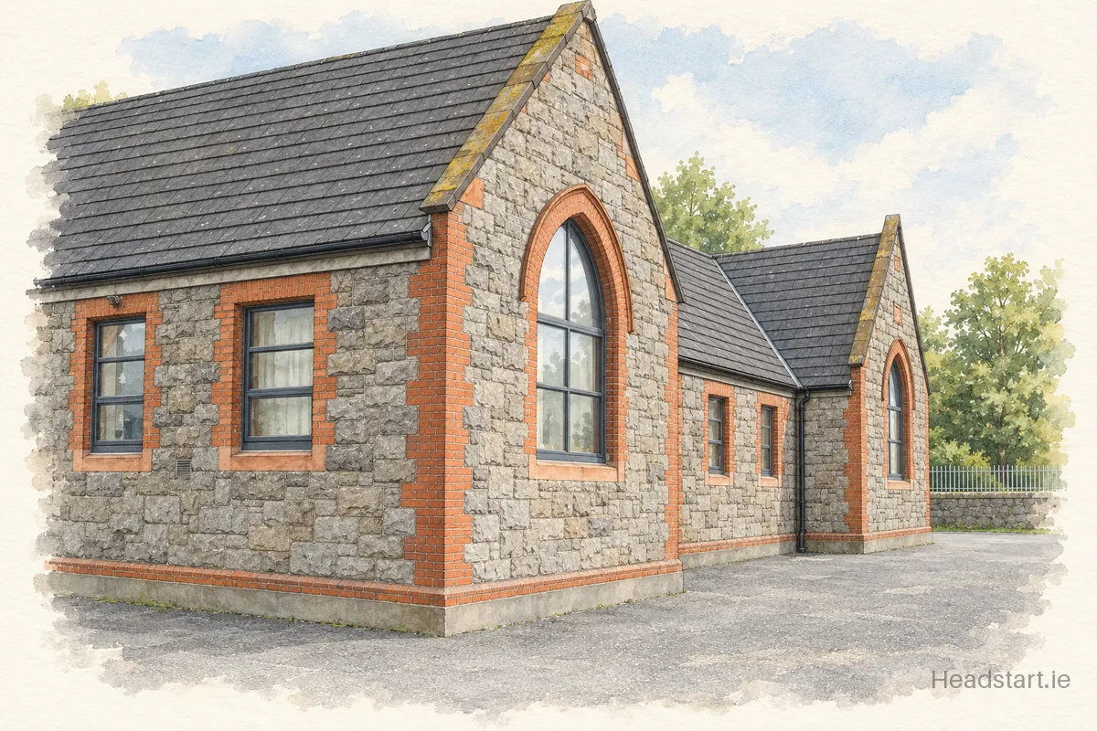 Watercolour illustration of the Howth Rd Mixed National School building, Clontarf