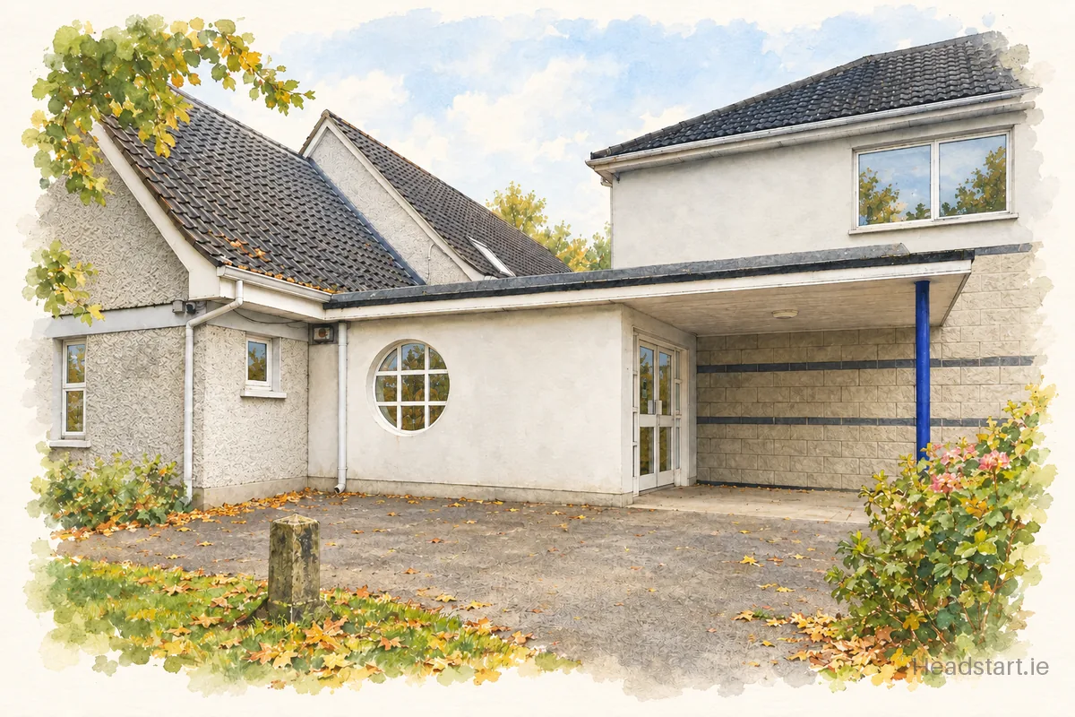 Watercolour illustration of the Primrose Hill National School building, Naas