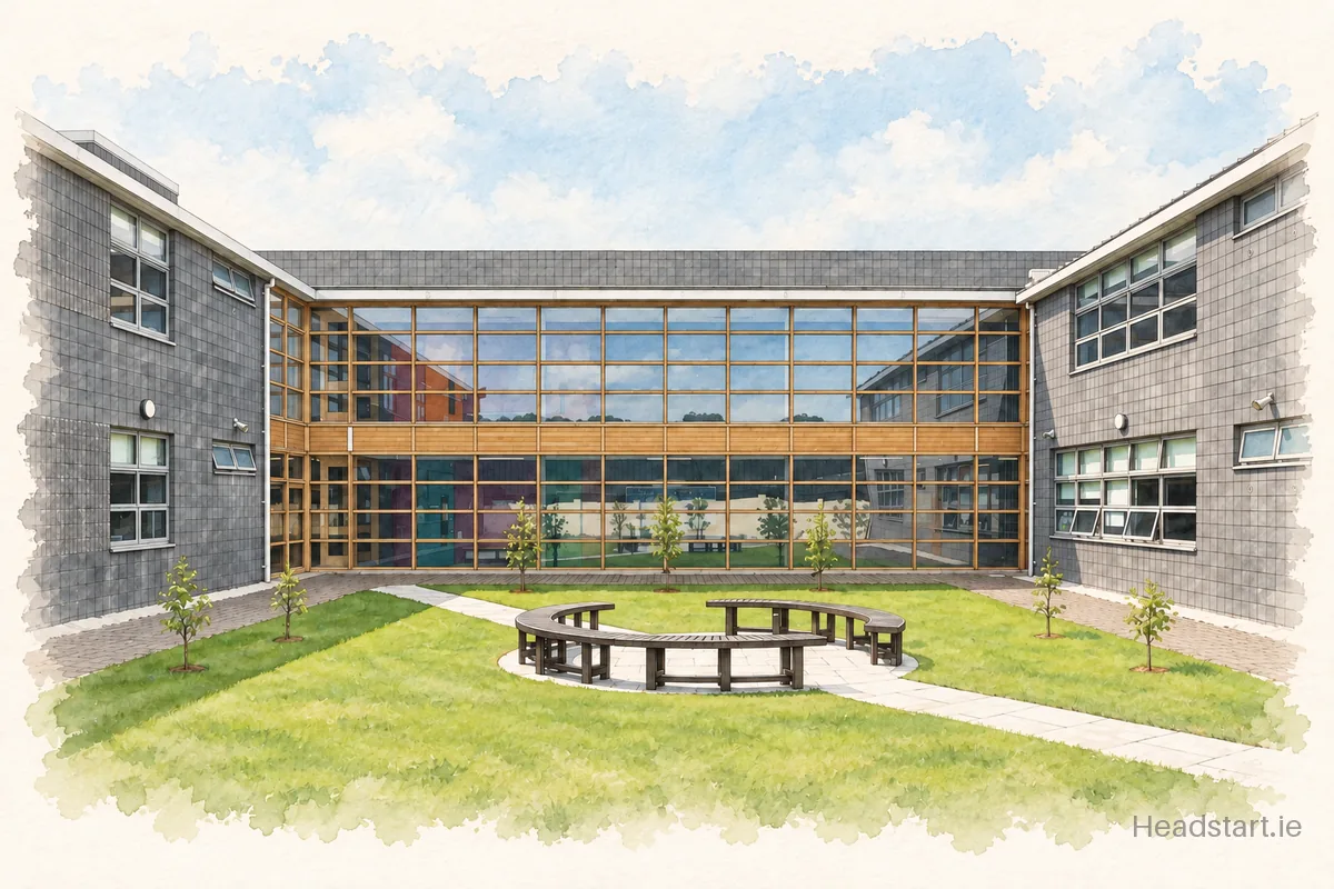 Watercolour illustration of the Douglas Boys National School building, Cork (centre and southside)