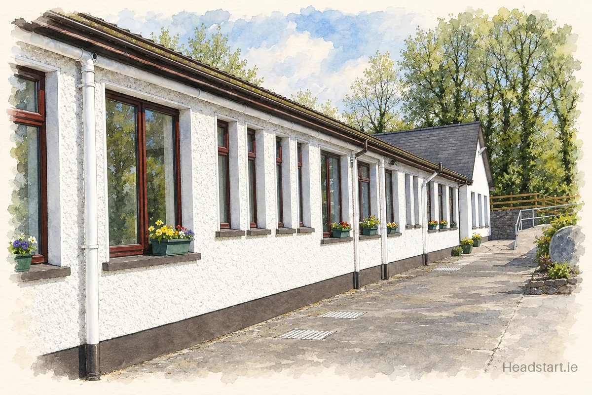 Watercolour illustration of the Moylough National School building, Tubbercurry