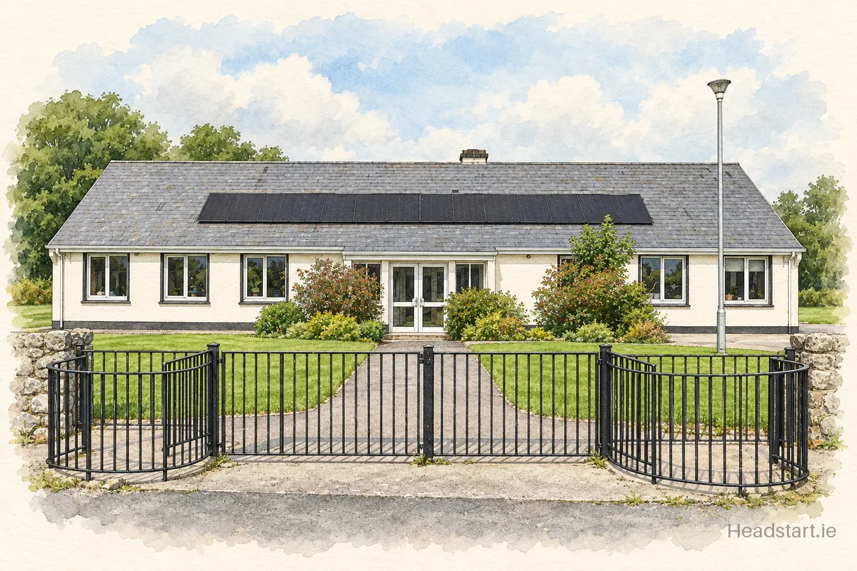 Watercolour illustration of the Carrick National School building, Curraghboy