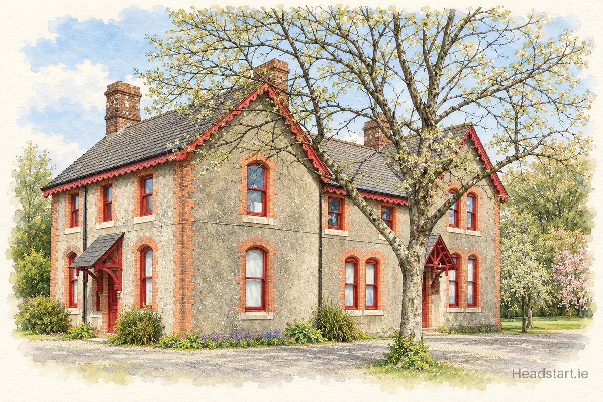 Watercolour illustration of the Hewetsons National School building, Clane