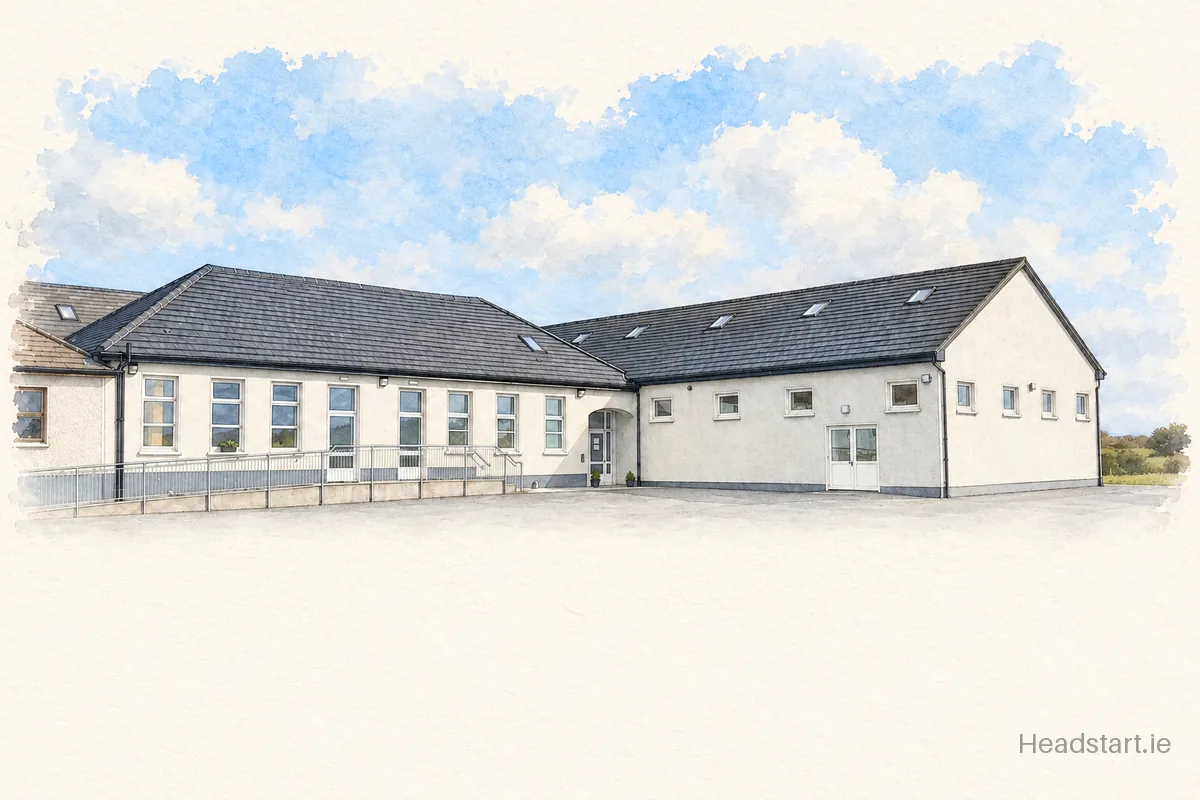 Watercolour illustration of the Scoil Naomh Sheosaimh building, Bearna