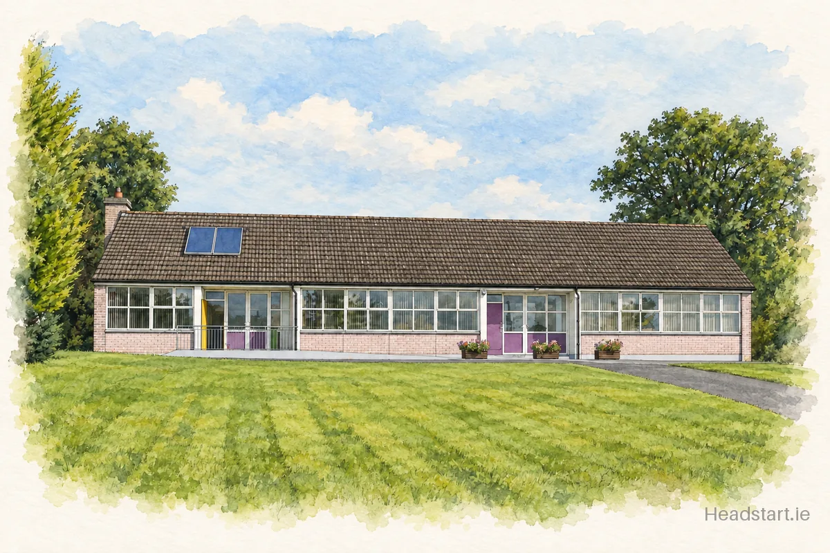Watercolour illustration of the Scoil Náisiúnta Naomh Padraig building, Boyle