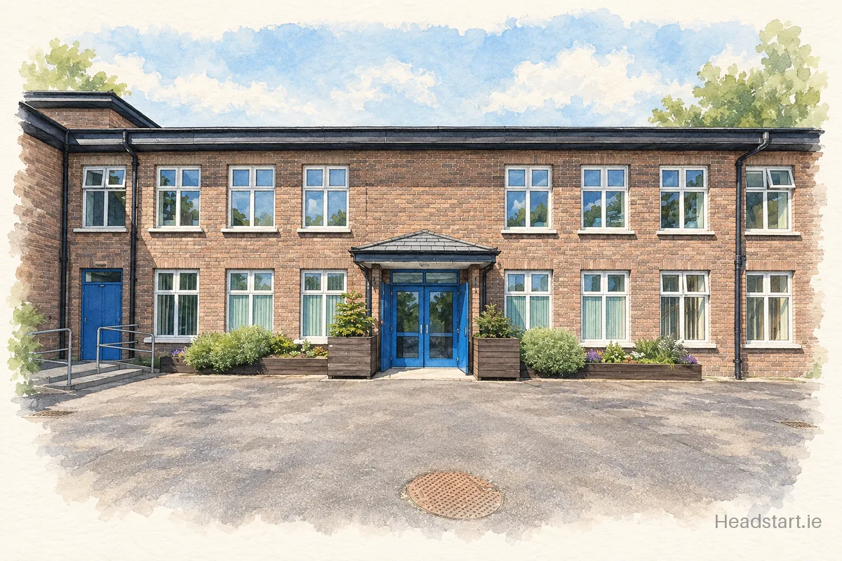 Watercolour illustration of the Togher Boys National School building, Cork (centre and southside)