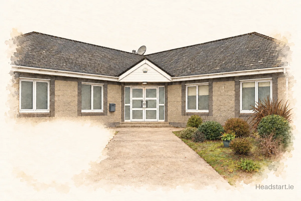 Watercolour illustration of the Kilnamanagh Community National School building, Gorey