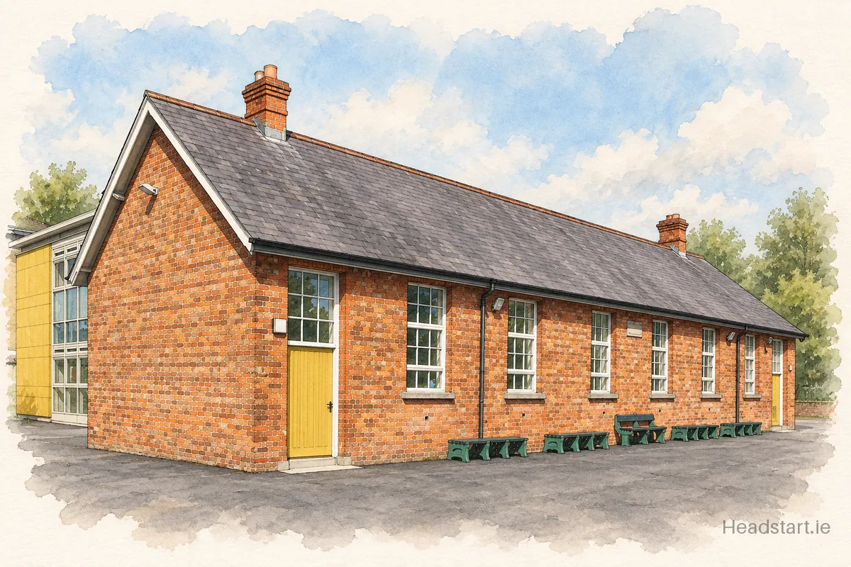 Watercolour illustration of the Dun Dealgan National School building, Dundalk