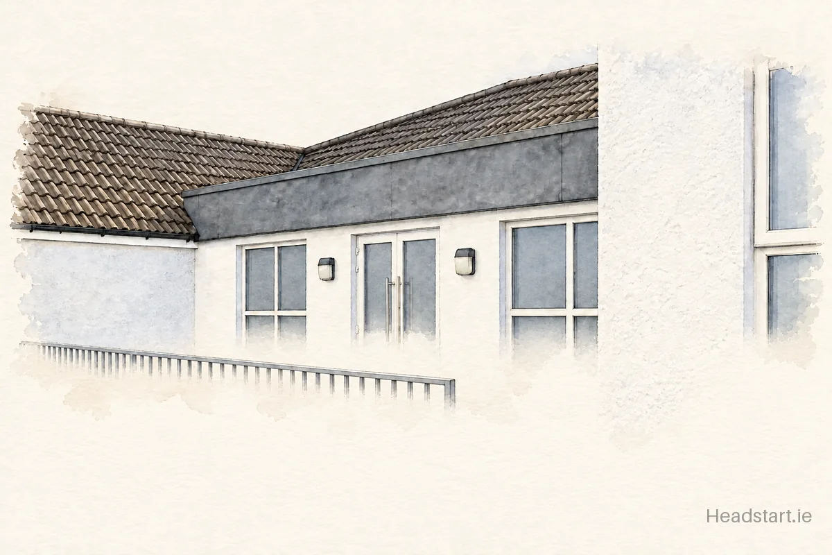 Watercolour illustration of the Scoil Cholmcille building, Letterkenny