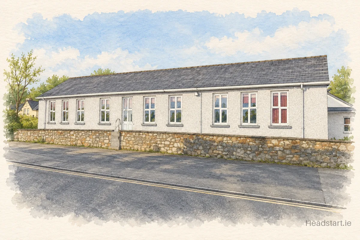 Watercolour illustration of the Scoil Náisiúnta Mhuire building, Wexford
