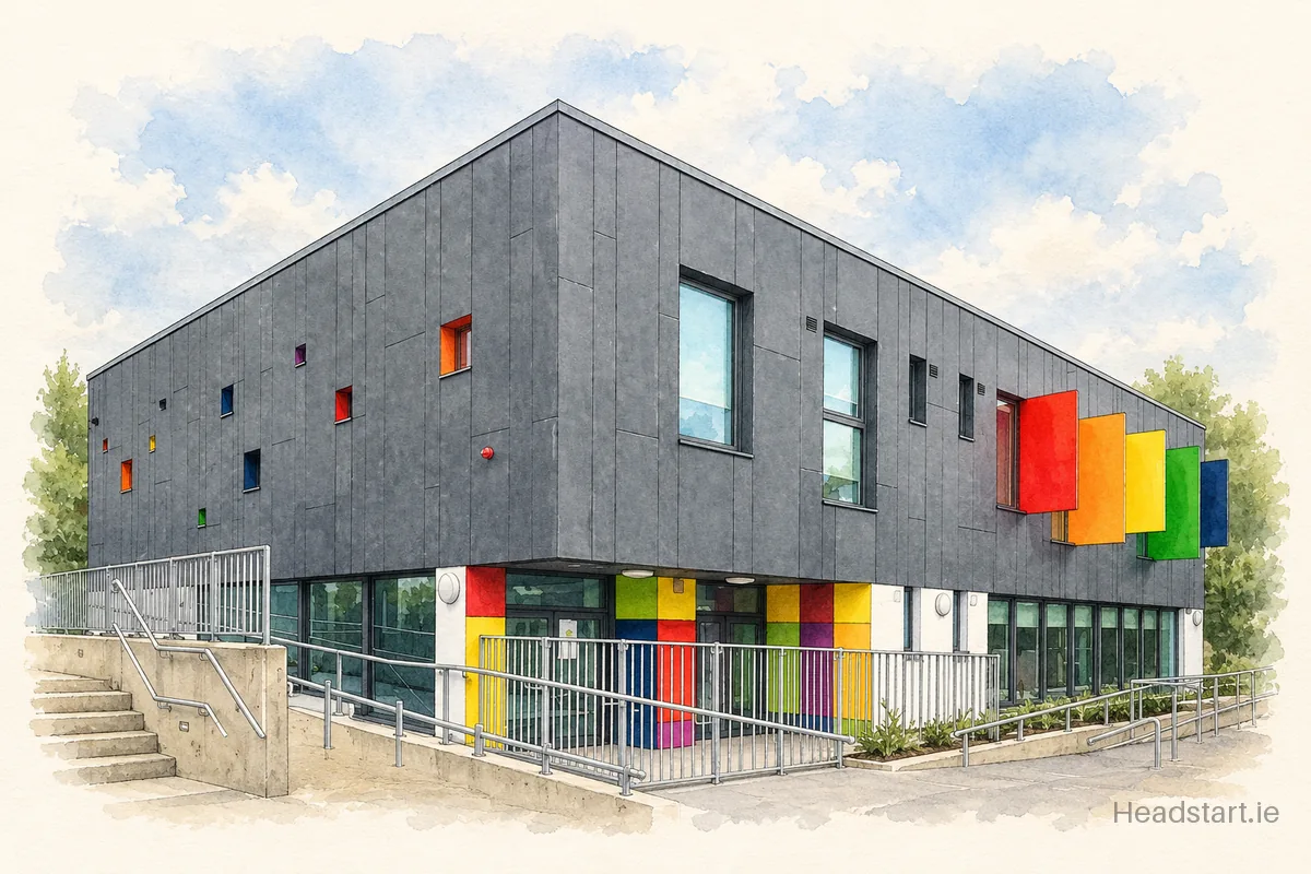 Watercolour illustration of the Glebe National School building, Wicklow Town