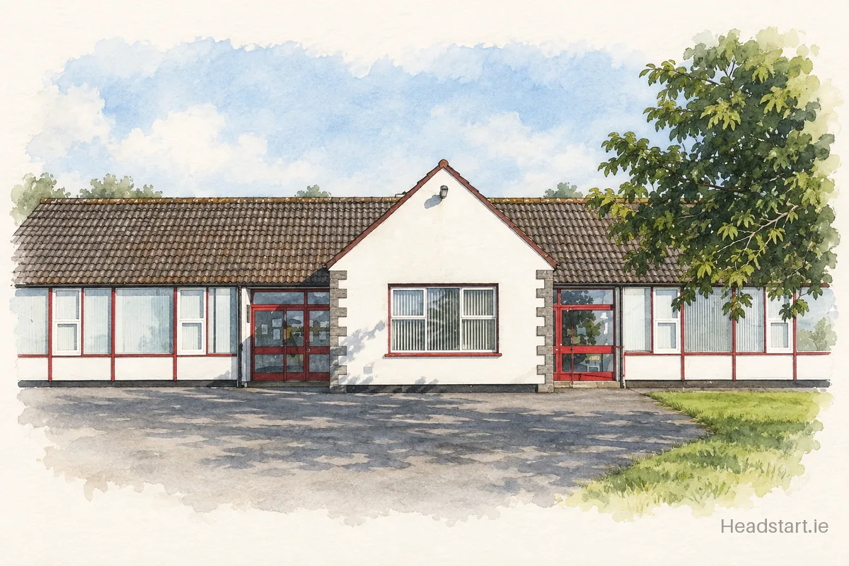 Watercolour illustration of the Cloughanower National School building, Galway