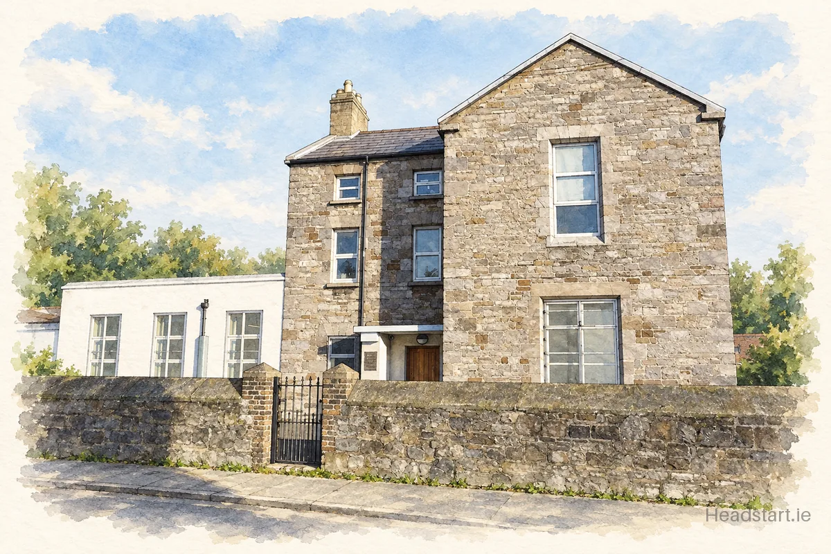Watercolour illustration of the St Columbas National School Mixed building, North Strand