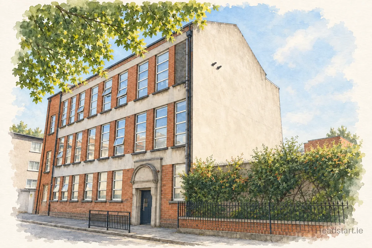 Watercolour illustration of the St Endas Primary School building, Dublin 8
