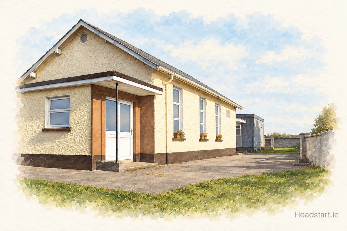 Watercolour illustration of the Cloontagh Mixed National School building, Longford