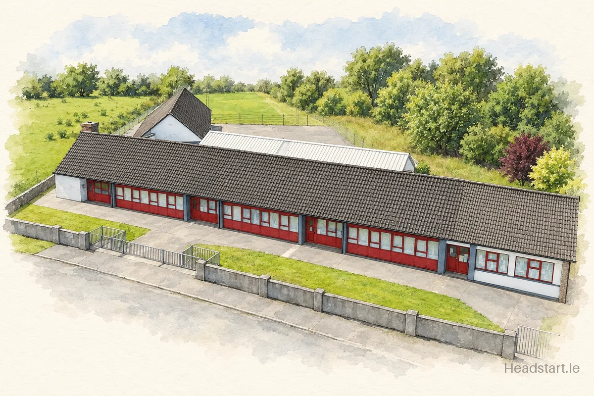 Watercolour illustration of the Colehill Mixed National School building, Longford