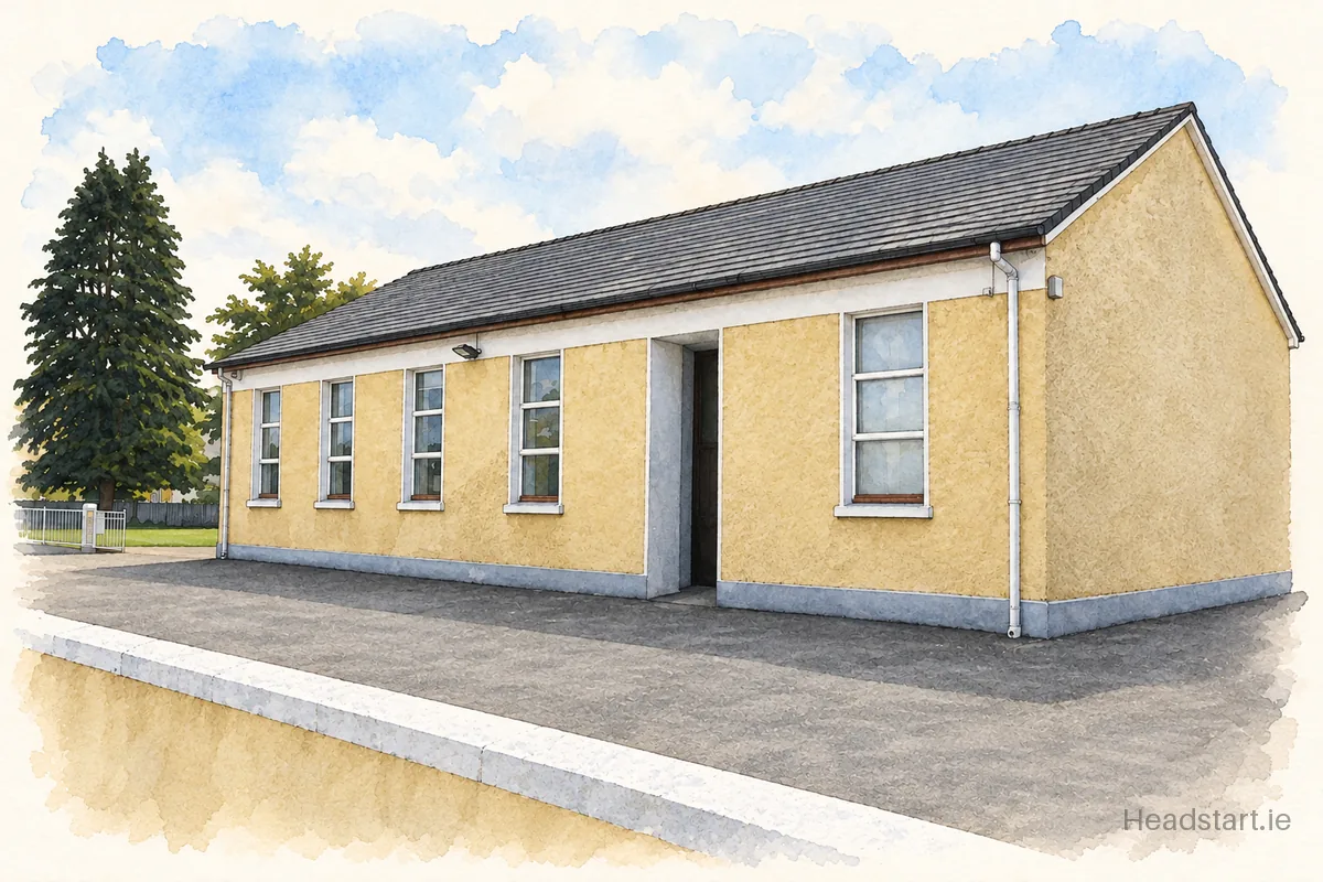 Watercolour illustration of the Scoil Náisiúnta An Fhairce building, via Clár Chlainne Mhuiris