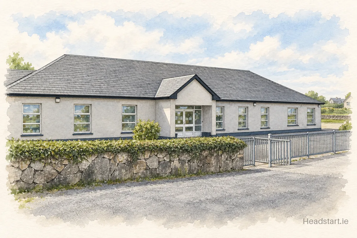 Watercolour illustration of the Scoil Ronain building, Galway