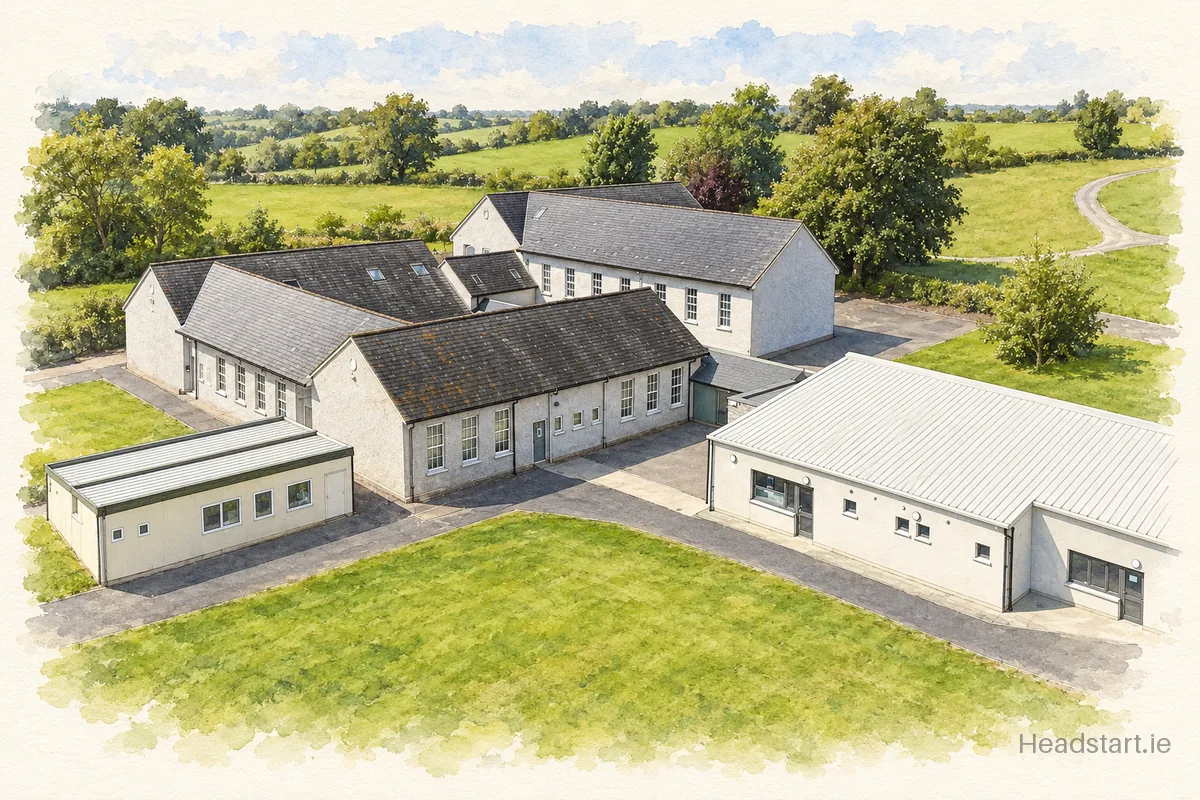 Watercolour illustration of the Cappawhite National School building, Tipperary