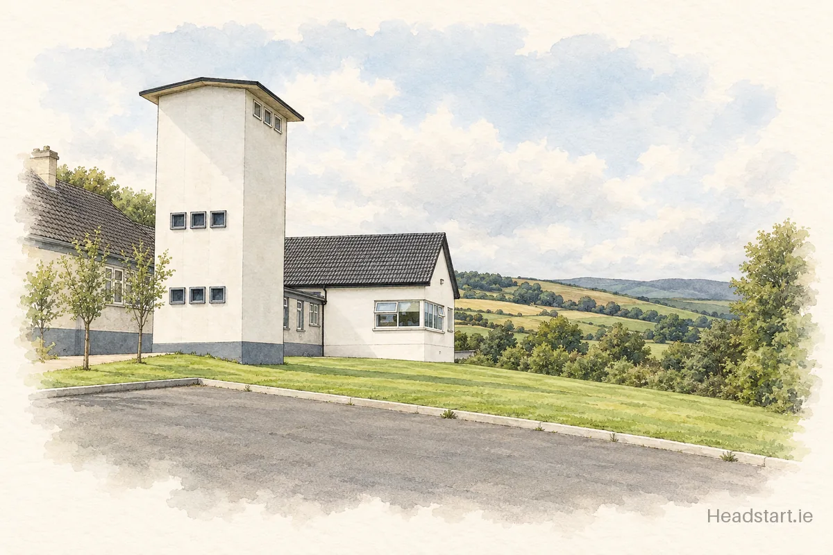 Watercolour illustration of the Scoil San Eoin building, Rathnew