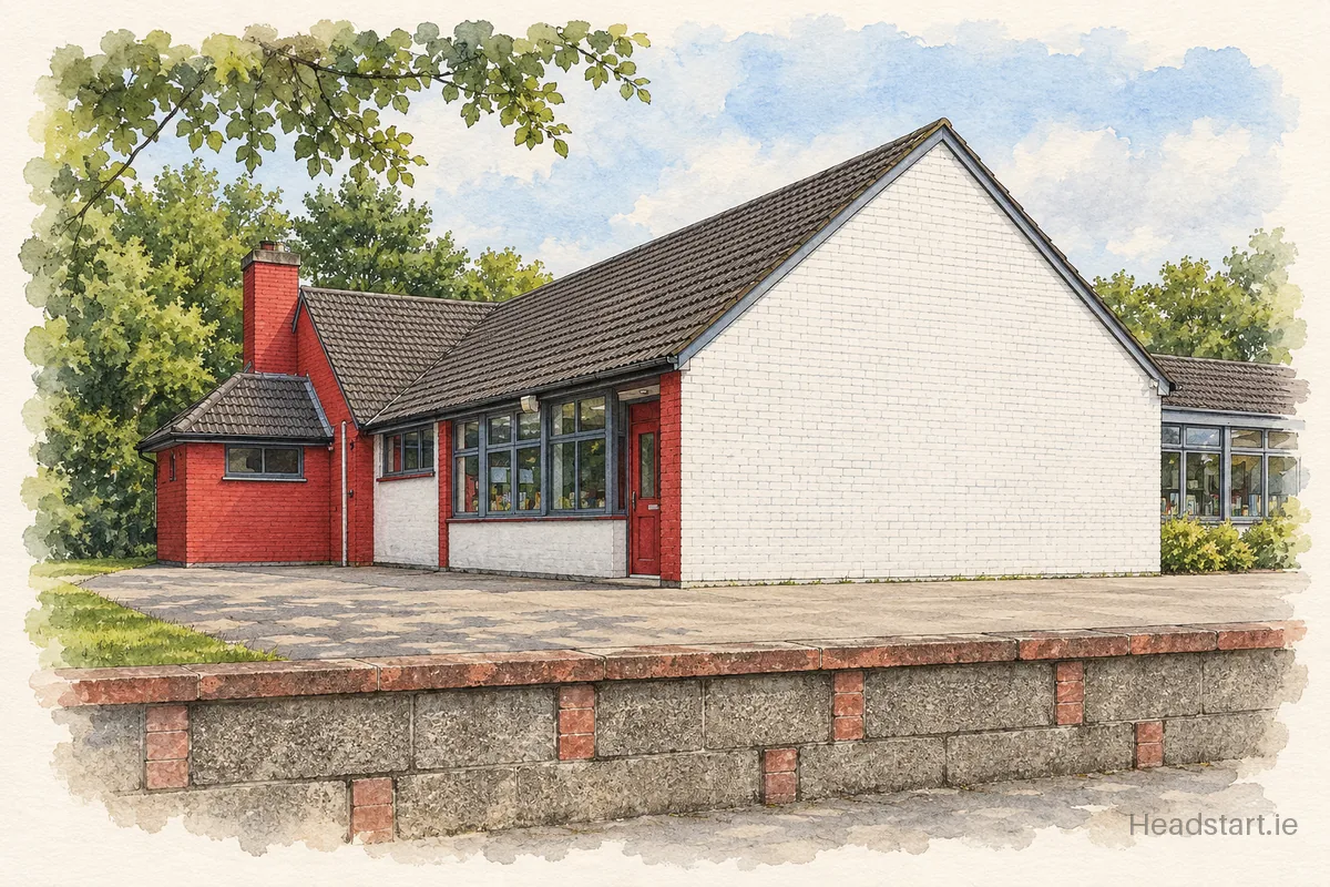 Watercolour illustration of the Ballon National School building, Carlow