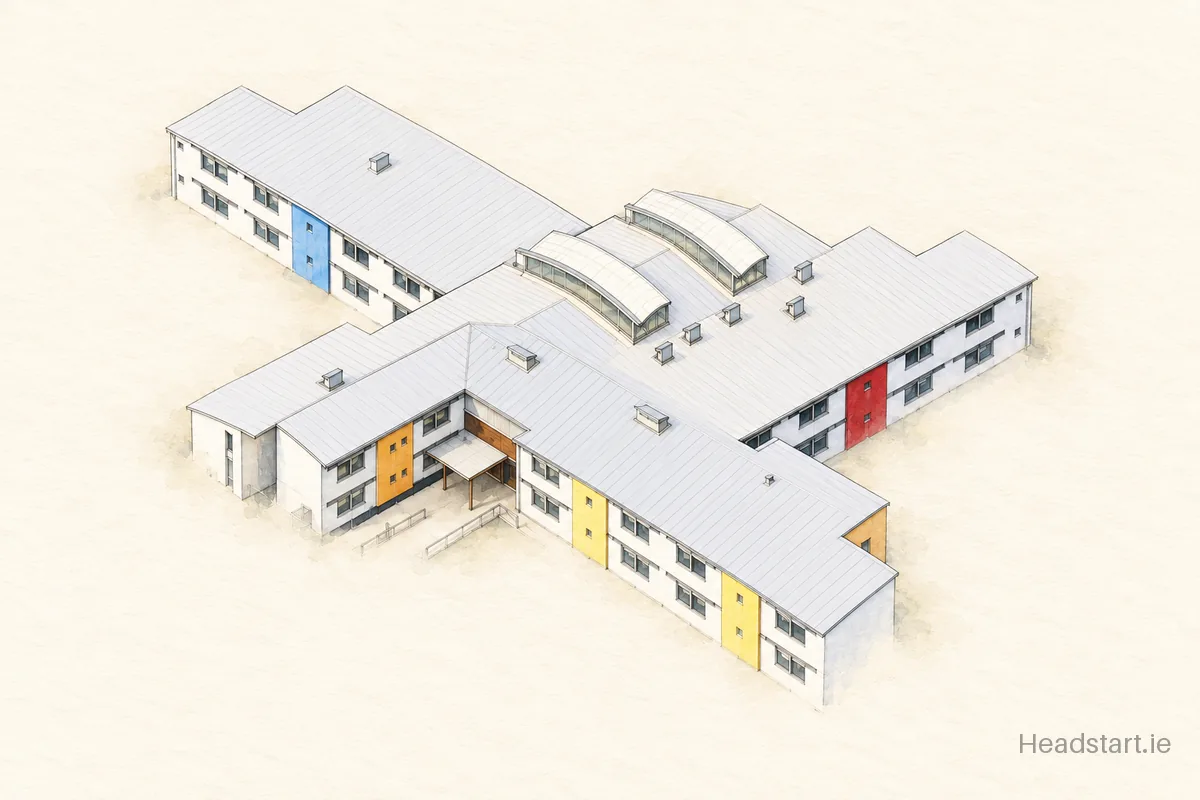 Watercolour illustration of the Ennis National School building, Ennis