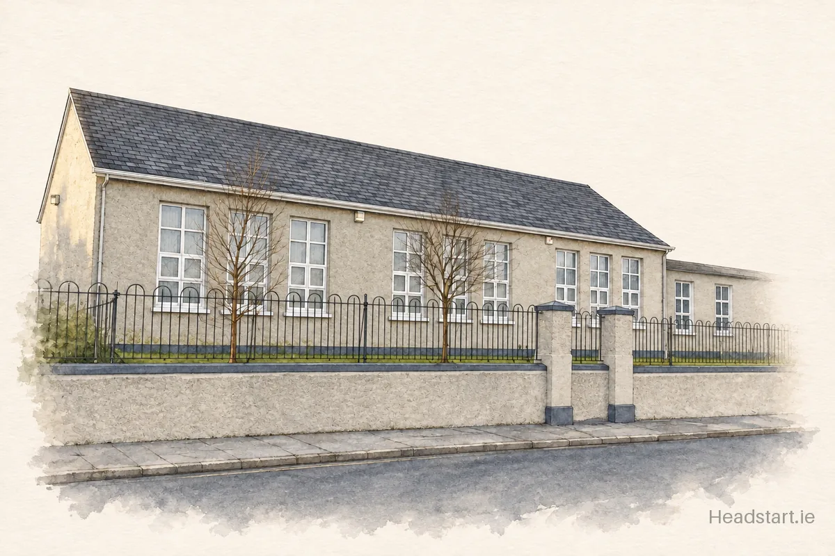 Watercolour illustration of the St Patricks Boys National School building, Strokestown
