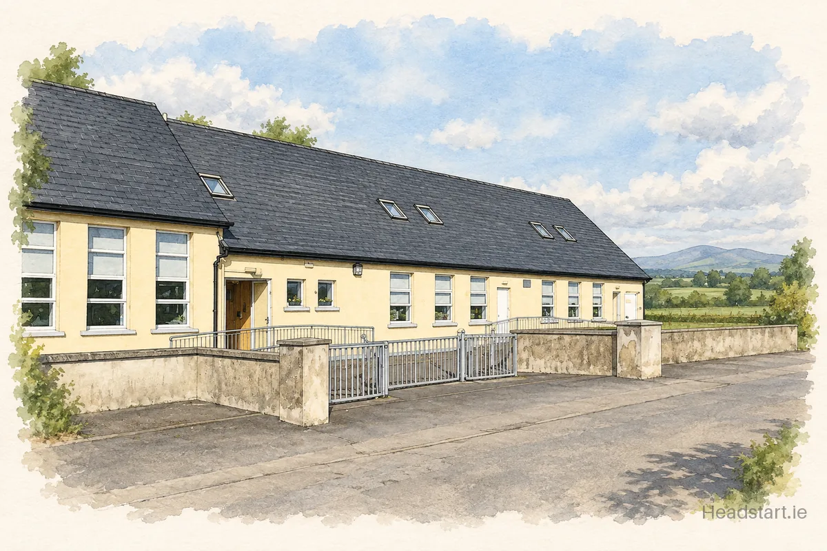 Watercolour illustration of the Mount Bruis National School building, Tipperary Town