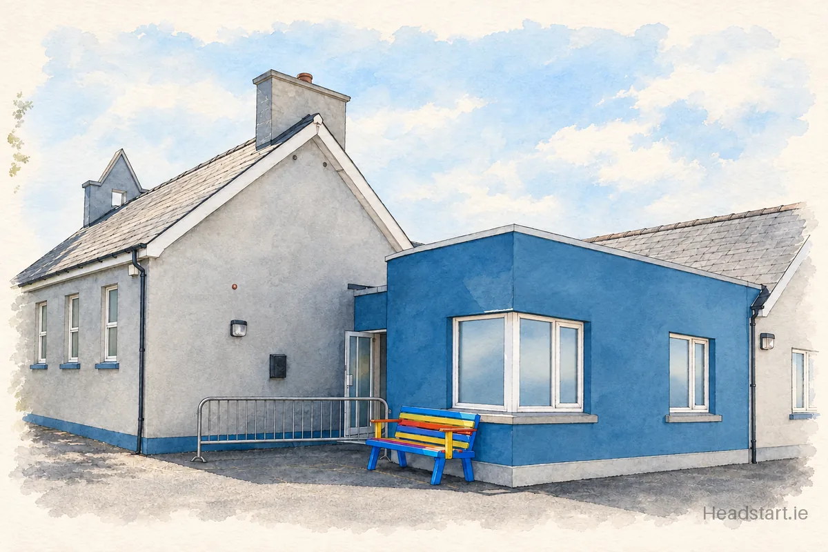 Watercolour illustration of the Cashelshanaghan National School building, Letterkenny