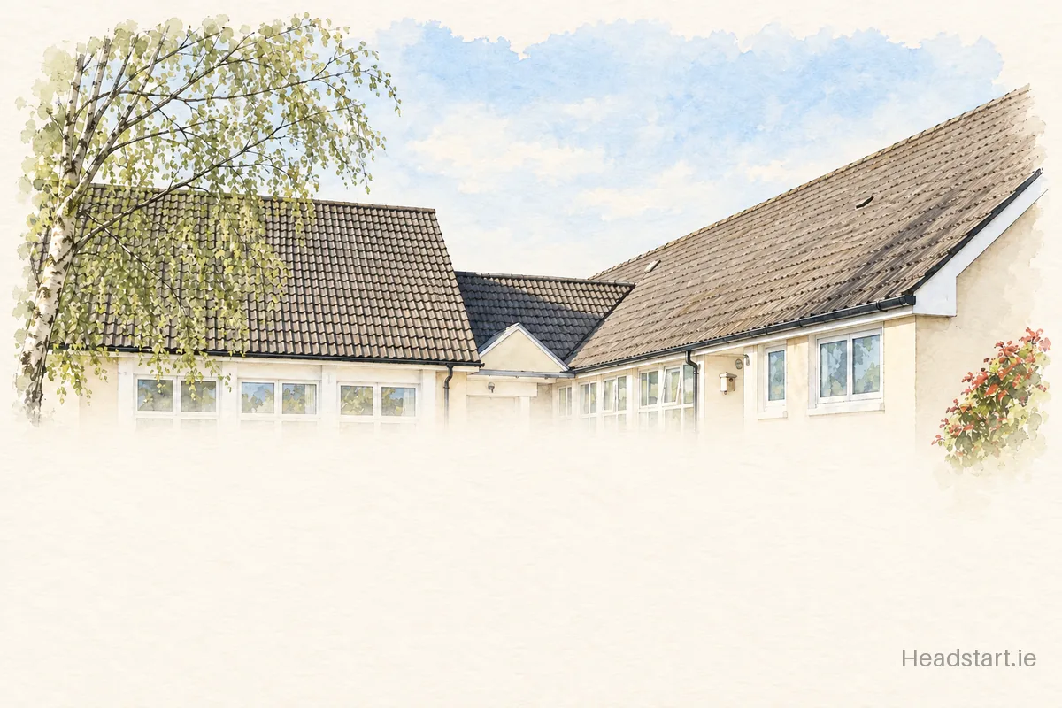 Watercolour illustration of the Carrigduff National School building, Bunclody