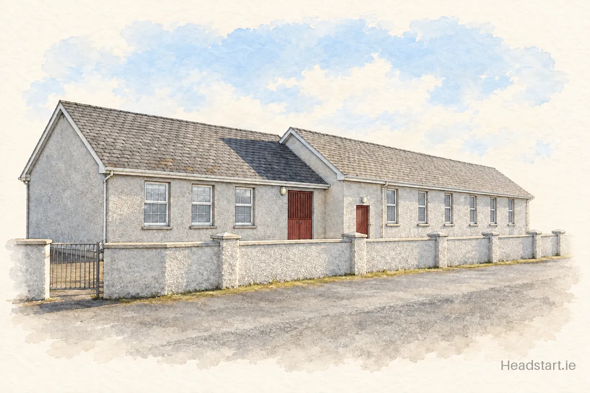 Watercolour illustration of the Clooney National School building, Tulla