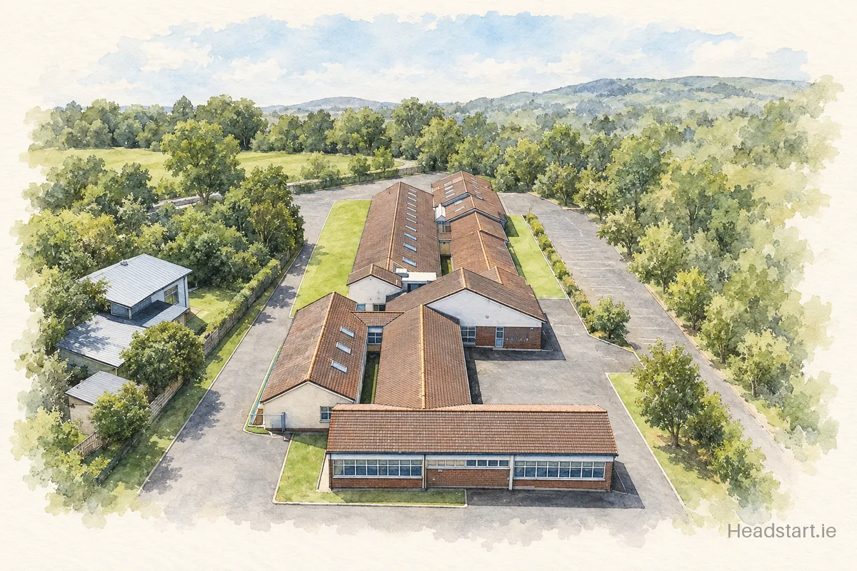 Watercolour illustration of the Taney Parish Primary School building, Dundrum