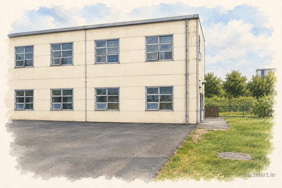 Watercolour illustration of the St Georges National School building, Balbriggan
