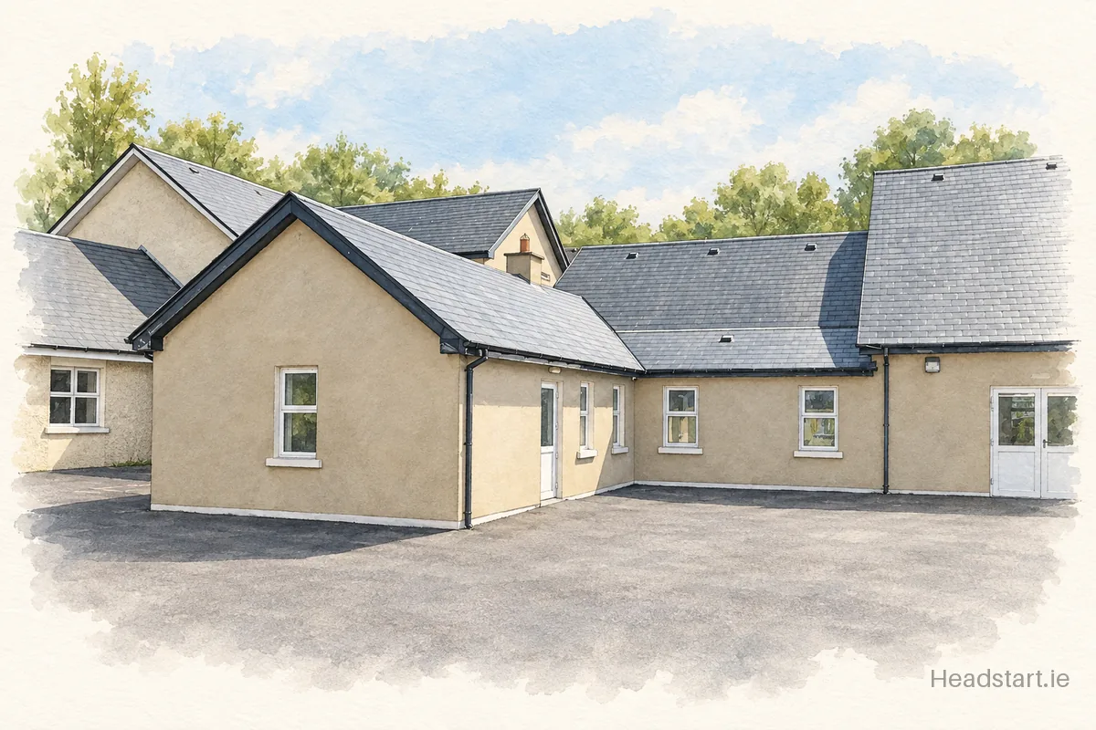 Watercolour illustration of the Scoil Abán Naofa building, Macroom