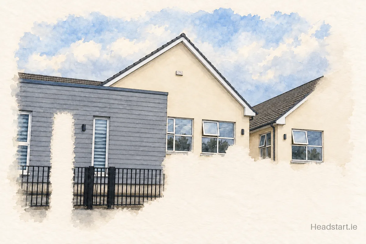 Watercolour illustration of the Riverchapel National School building, Gorey