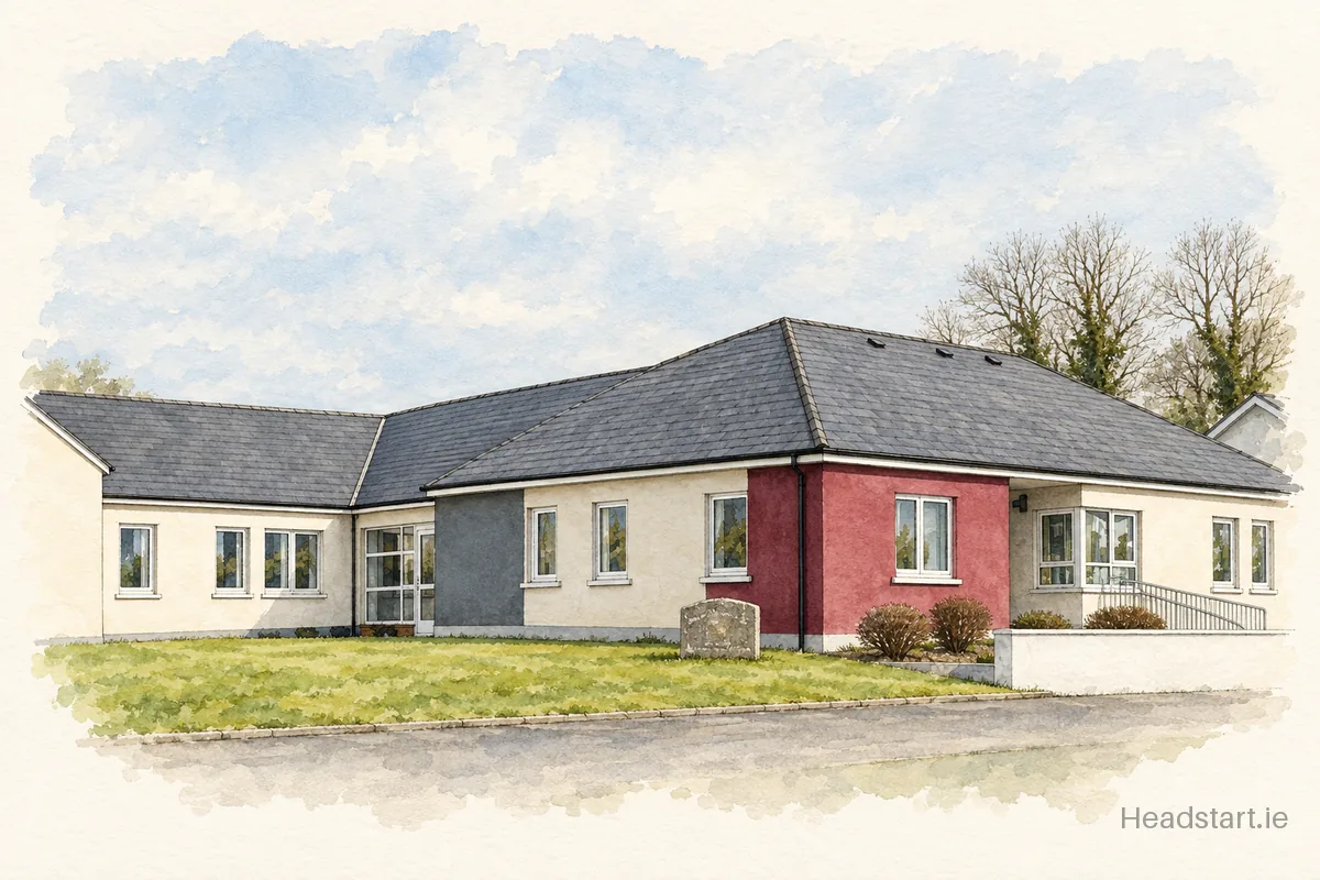 Watercolour illustration of the Rockfield National School building, Coolaney