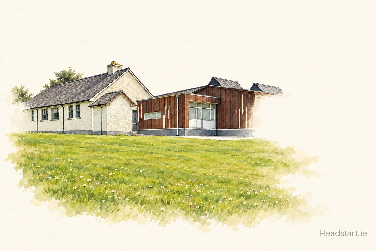 Watercolour illustration of the Oulart National School building, Gorey