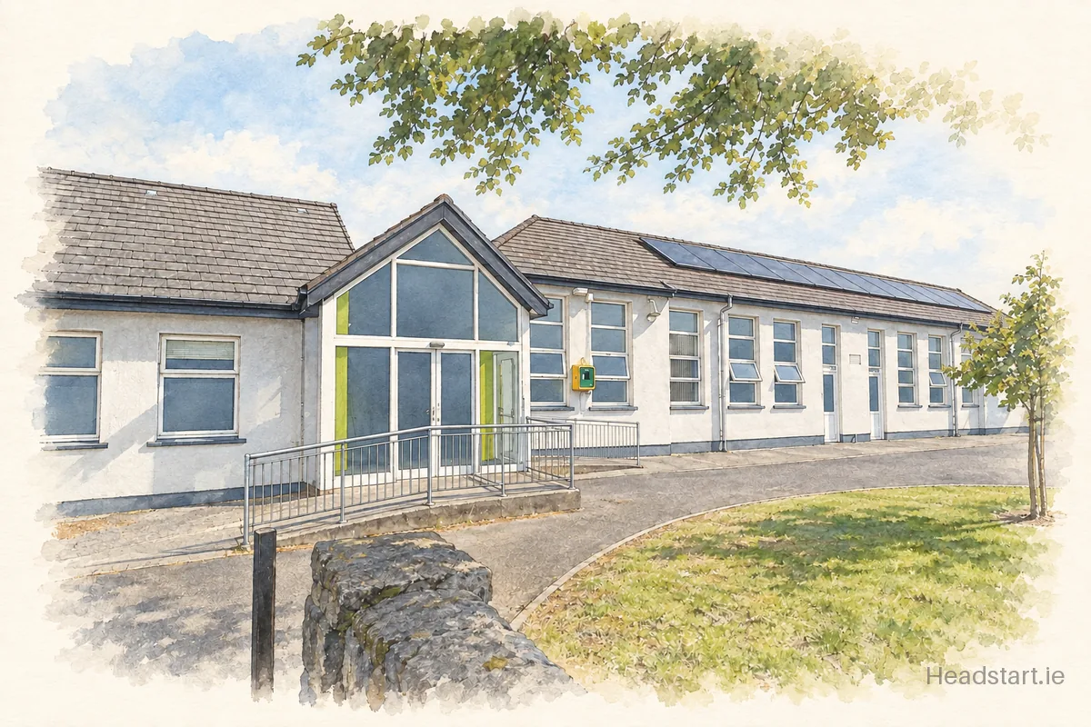 Watercolour illustration of the Scoil Náisiúnta Naomh Iosef building, Kinvara