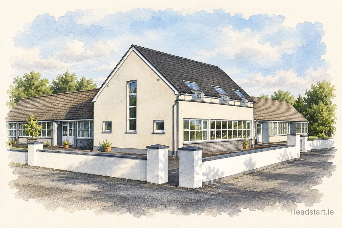 Watercolour illustration of the Cloonfad National School building, Ballyhaunis
