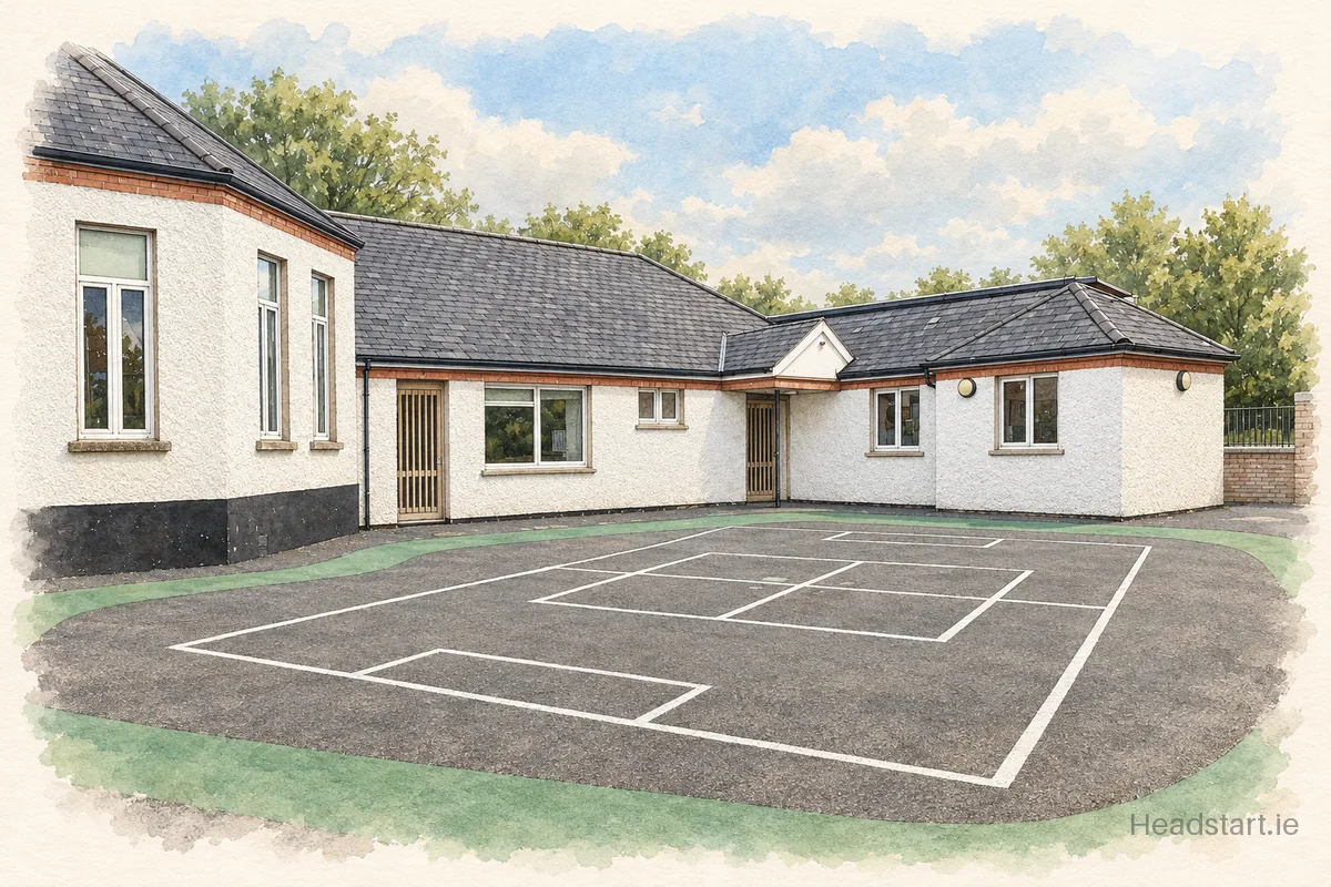 Watercolour illustration of the Sandford Parish National School building, Ranelagh