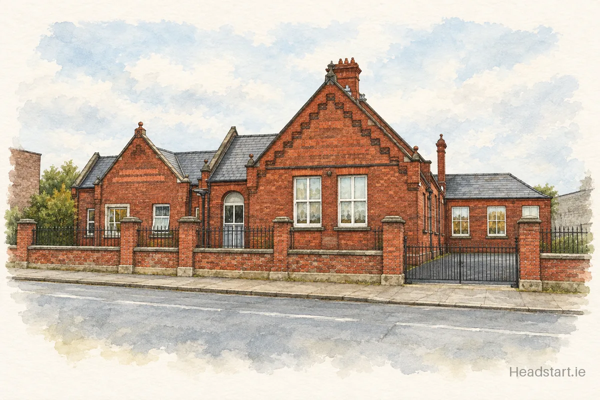 Watercolour illustration of the St Catherines West National School building, South Circular Road