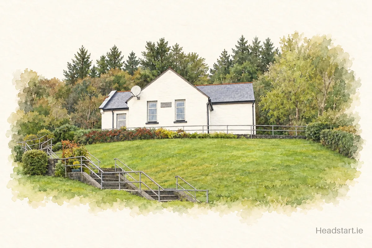 Watercolour illustration of the Coomhola National School building, Bantry