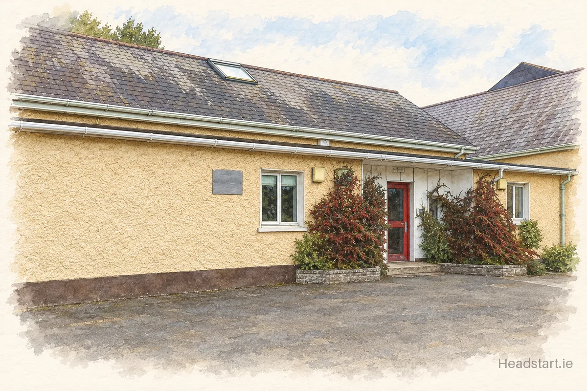 Watercolour illustration of the Corduff National School building, Lusk