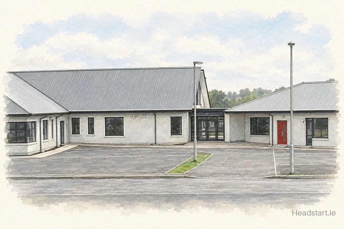Watercolour illustration of the Knockconnon National School building, Emyvale