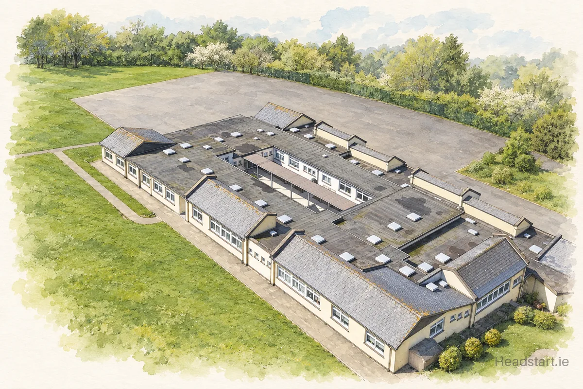 Watercolour illustration of the St.Patrick National School building, Wicklow